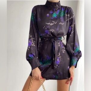 NWT Zara Floral Print High Collar Jacquard Dress with Back Button. Size XL